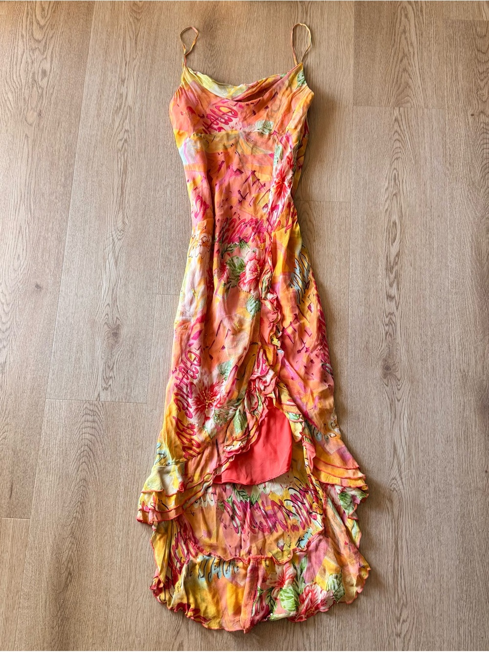 Y2k Derhy deadstock multicoloured vibrant floral print maxi asymmetrical dress